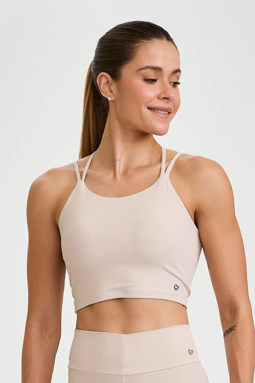 Top Cropped Canelado Alças Duplas